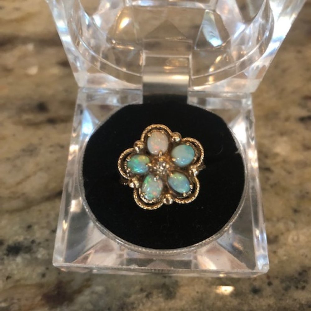 Vintage Opal, Diamond 10K Gold Ring